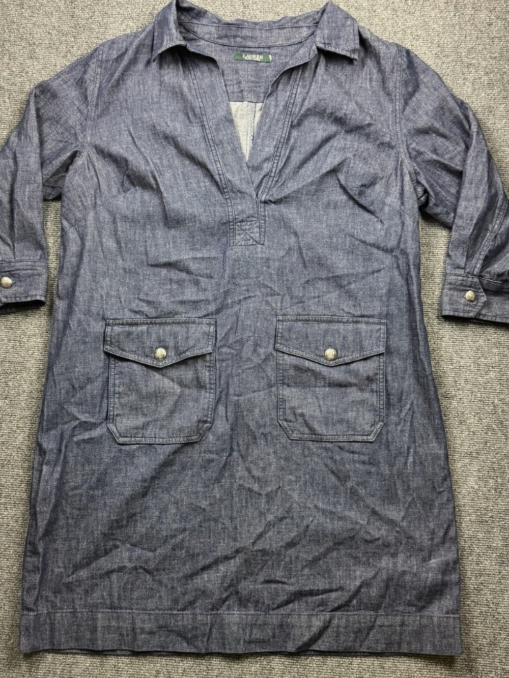 Lauren Ralph Lauren Denim Shirt Dress Women's XXL V-Neck 3/4 Sleeve Front Pocket